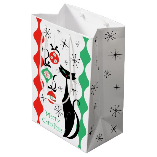 Retro Xmas Kat Streep Vrolijk Kerstfeest Medium Cadeauzakje (Achterkant Gekanteld)