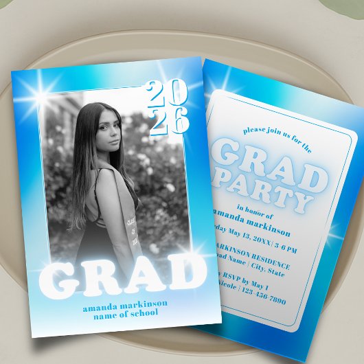 Retro Y2K Cyber Blue Neon Graduation Photo Party Kaart