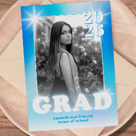 Retro Y2K Cyber Blue Neon Photo Graduation Aankondiging