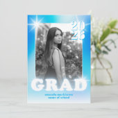 Retro Y2K Cyber Blue Neon Photo Graduation Aankondiging (Staand voorkant)