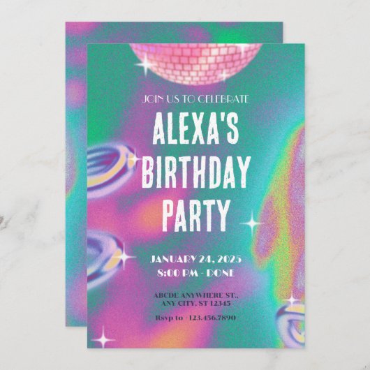 Retro y2k verjaardagsfeestuitnodiging kaart (Voorkant / Achterkant)