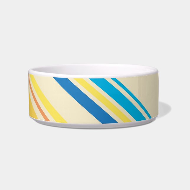 Retro Yellow Blue Cream Stripes patroonplaat Bowl Voerbakje (Voorkant)