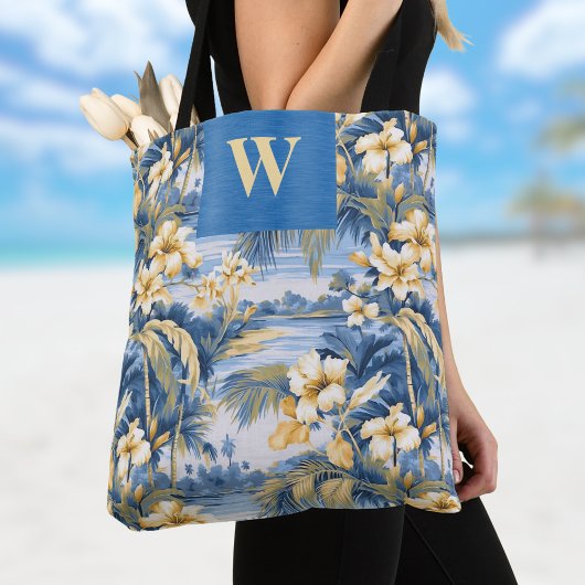Retro Yellow Blue Floral n Tropical Palms Initial Tote Bag