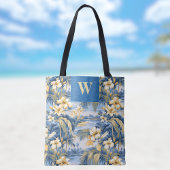 Retro Yellow Blue Floral n Tropical Palms Initial Tote Bag