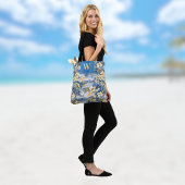 Retro Yellow Blue Floral n Tropical Palms Initial Tote Bag