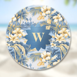 Retro Yellow Blue Floral n Tropical Palms Initial  Zandsteen Onderzetter