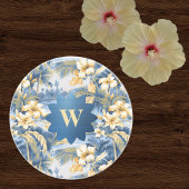 Retro Yellow Blue Floral n Tropical Palms Initial  Zandsteen Onderzetter