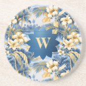 Retro Yellow Blue Floral n Tropical Palms Initial  Zandsteen Onderzetter (Voorkant)