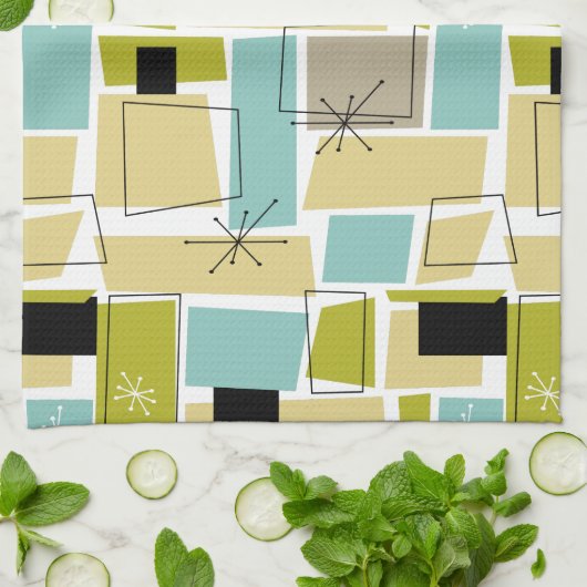 Retro Yellow Blue Squares Starburst midden eeuw Theedoek (Gevouwen)