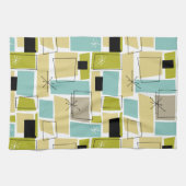 Retro Yellow Blue Squares Starburst midden eeuw Theedoek (Horizontaal)