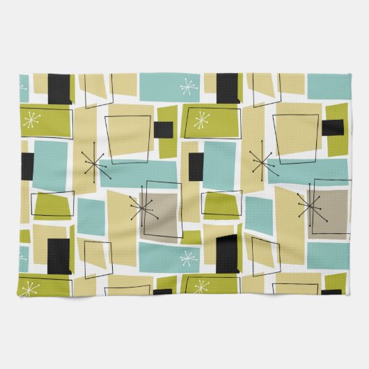 Retro Yellow Blue Squares Starburst midden eeuw Theedoek (Horizontaal)