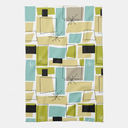 Retro Yellow Blue Squares Starburst midden eeuw Theedoek (Verticaal)