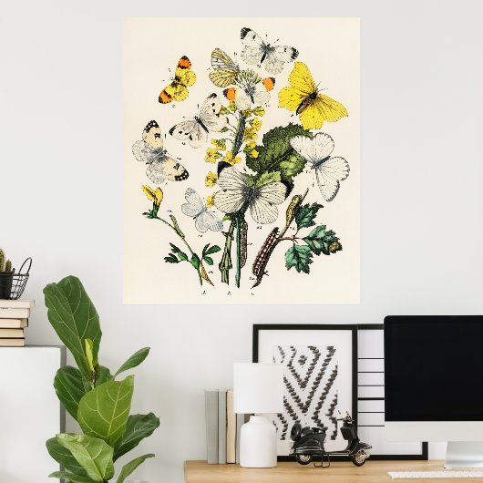 Retro Yellow Butterfly en bloemen Poster afdrukken (Thuiskantoor)