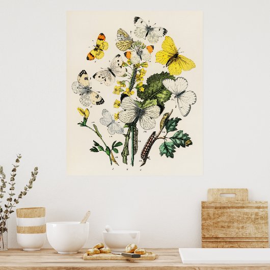 Retro Yellow Butterfly en bloemen Poster afdrukken (Keuken)