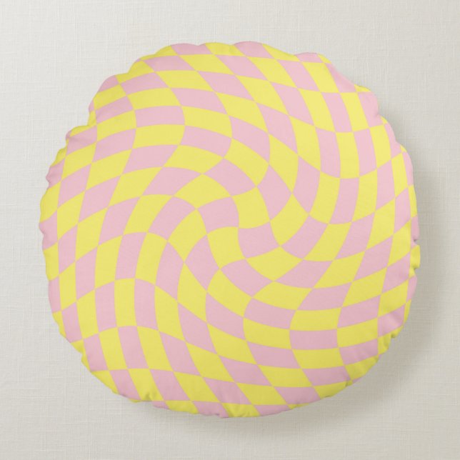 Retro Yellow Checkered Checkered Dorm Room Rond Kussen (Voorkant)