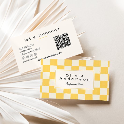 Retro yellow Cream Wavy Checkered Pastel QR Code Visitekaartje