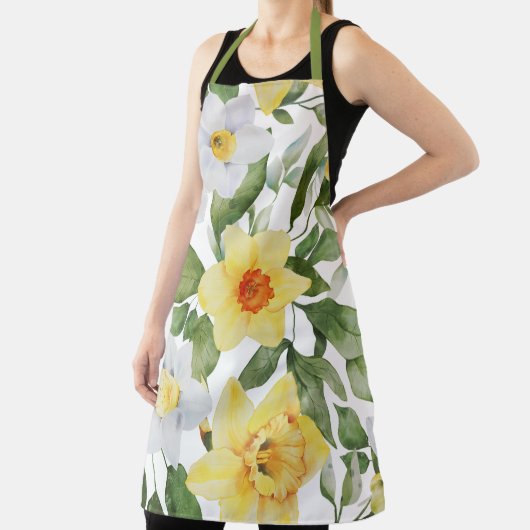 Retro Yellow en White Daffodil Floral Print Schort (Insitu)