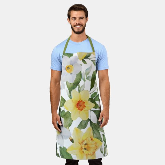 Retro Yellow en White Daffodil Floral Print Schort (Gedragen)