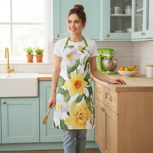 Retro Yellow en White Daffodil Floral Print Schort