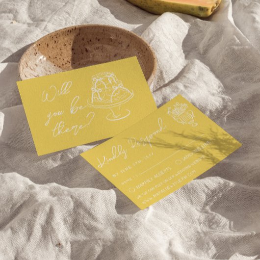 Retro Yellow  Hand Drawn Cake Floral Wedding RSVP Kaartje