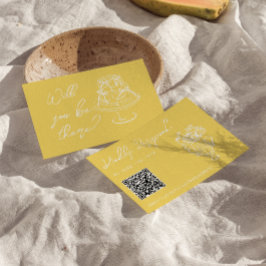 Retro Yellow Hand Drawn Floral QR Code Wedding  RSVP Kaartje