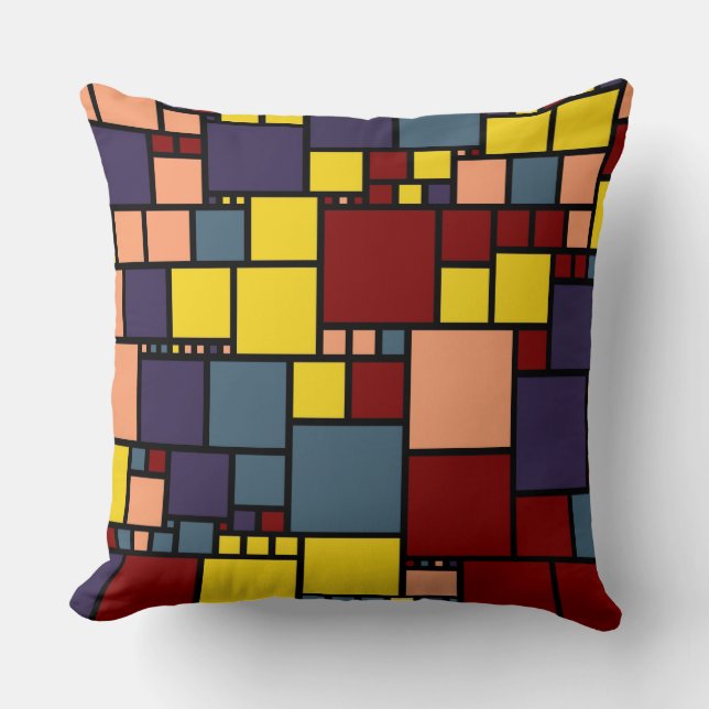 Retro Yellow Maroon Paars Squares Patroon Kussen (Voorkant)