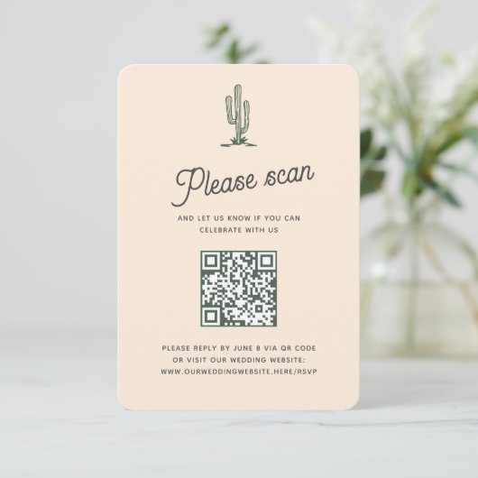 Retro Yellow Saguaro Cacti woestijn Wedding QR Cod RSVP Kaartje (Staand voorkant)