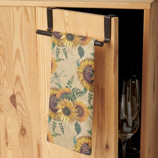 Retro Yellow Sunflower Bouquet Dragonflies Theedoek (Derde Gevouwen)