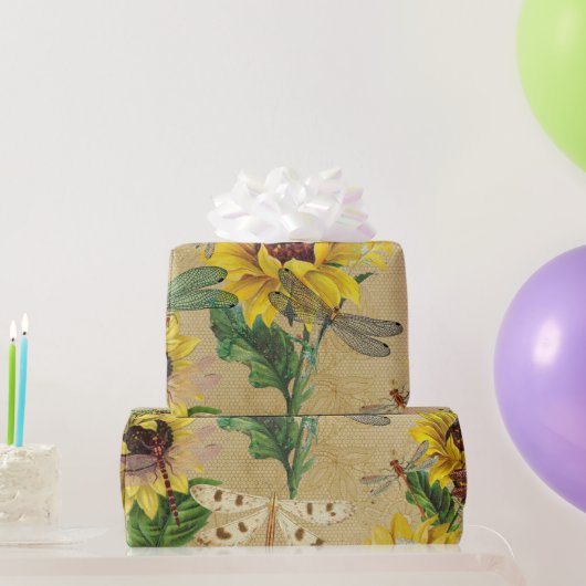 Retro Yellow Sunflower Dragonflies Insect Cadeaupapier (Feestgeschenken)