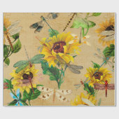 Retro Yellow Sunflower Dragonflies Insect Cadeaupapier (Vlak)