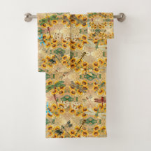  Retro Yellow Sunflower Multicolored Dragonflies