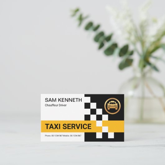 Retro Yellow Taxi Check Box Cab Ride Share Driver Visitekaartje (Staand voorkant)