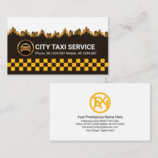 Retro Yellow Taxi Check City Silhouette Cab Driver Visitekaartje (Voorkant / Achterkant)