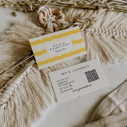 Retro Yellow Wavy Stripes Trendy Boho QR Code Fun Visitekaartje