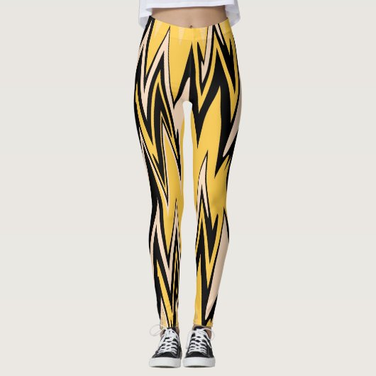 Retro Yellow, zwart zigzap Abstract art deco Leggings (Voorkant)