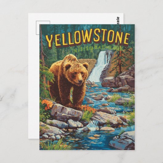 Retro Yellowstone – Grizzly Beer & Waterf Briefkaart (Voorkant / Achterkant)
