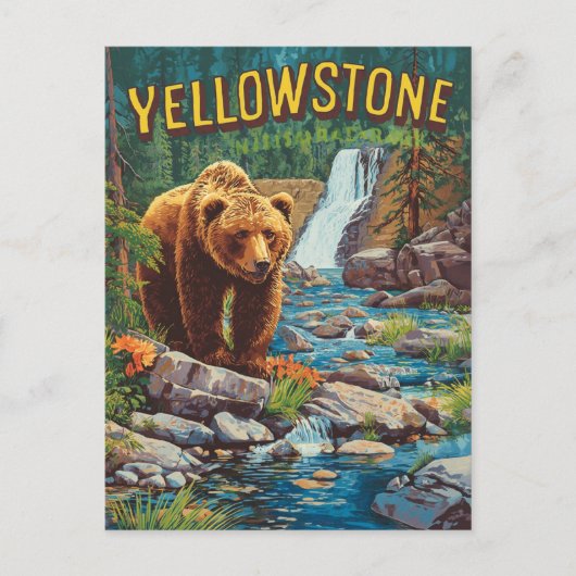Retro Yellowstone – Grizzly Beer & Waterf Briefkaart (Voorkant)