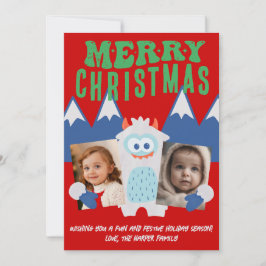 Retro Yeti Whimsical Kinder Kerst 2 Foto Feestdagenkaart