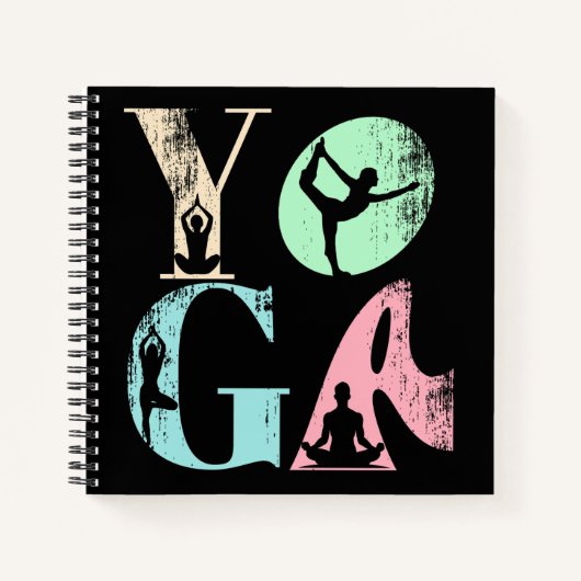 Retro Yoga Typografie met Silhouetten van Poses Notitieboek (Voorkant)