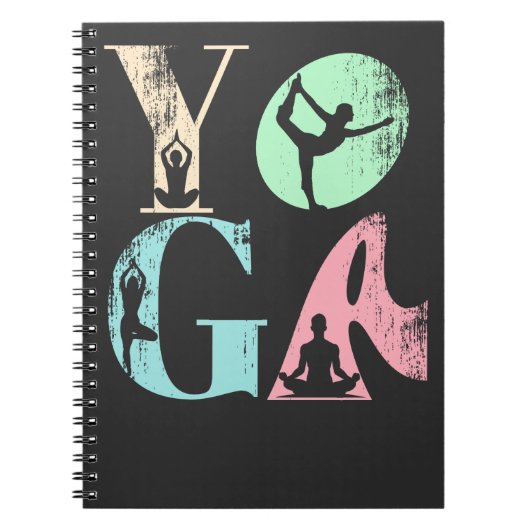 Retro Yoga Typografie met Silhouetten van Poses Notitieboek (Voorkant)