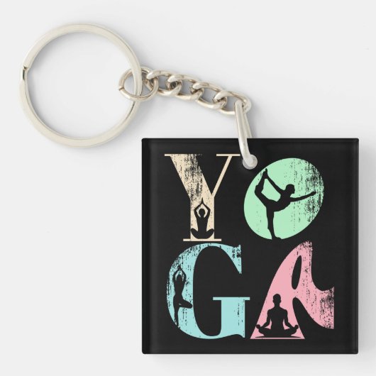 Retro Yoga Typografie met Silhouetten van Poses Sleutelhanger (voorkant)