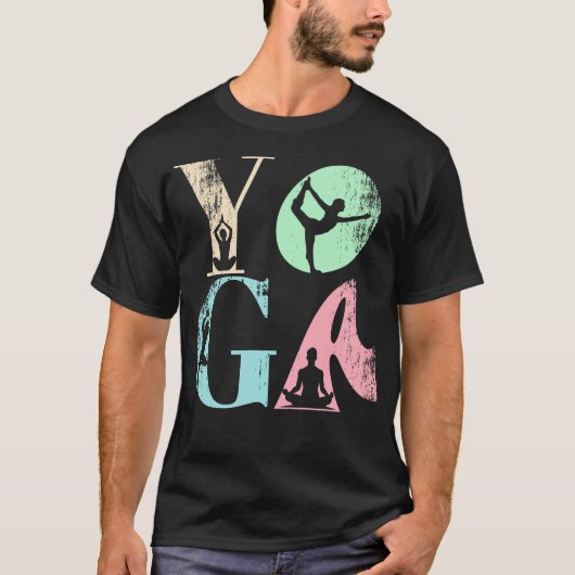 Retro Yoga Typografie met Silhouetten van Poses T-shirt (Voorkant)