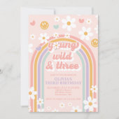 Retro Young Wild and Three Birthday Invitation Kaart (Voorkant)