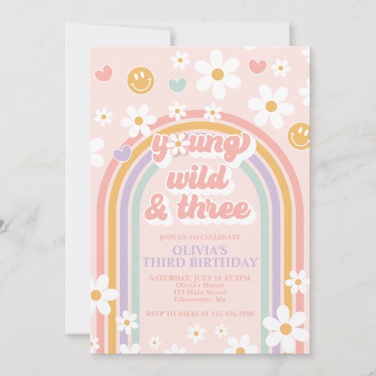 Retro Young Wild and Three Birthday Invitation Kaart (Voorkant)