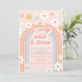 Retro Young Wild and Three Birthday Invitation Kaart (Staand voorkant)