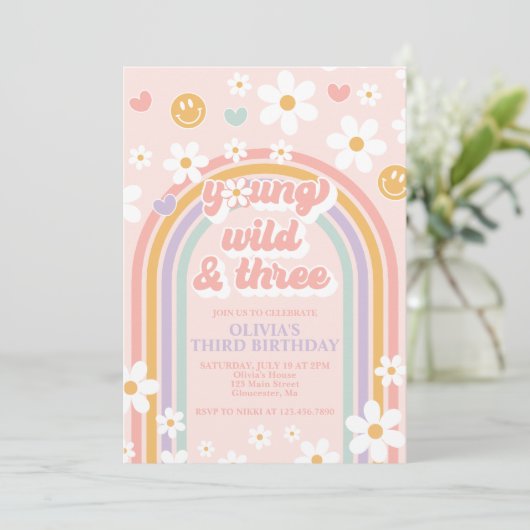 Retro Young Wild and Three Birthday Invitation Kaart (Staand voorkant)