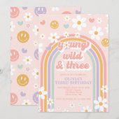 Retro Young Wild and Three Birthday Invitation Kaart (Voorkant / Achterkant)