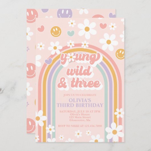 Retro Young Wild and Three Birthday Invitation Kaart (Voorkant / Achterkant)