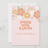 Retro Young Wild Drie Bloemig 3de verjaardag Kaart (Voorkant)