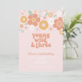 Retro Young Wild Drie Bloemig 3de verjaardag Kaart (Staand voorkant)
